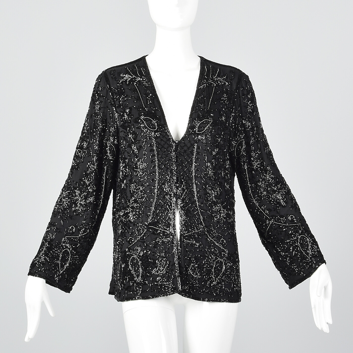 Medium Eavis & Brown Black Silk Beaded Jacket Silk Flowy Separates 1980s VTG