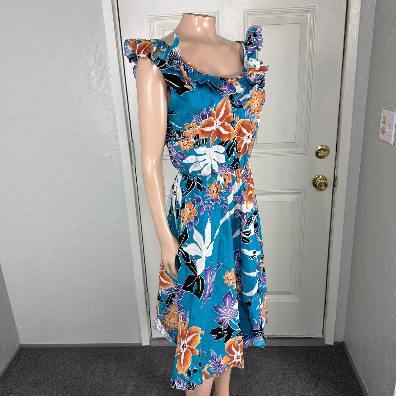 Vintage 70s Simon Sez Women&rsquo;s Dress Cotton Hawaiian Floral 11/12 USA P2