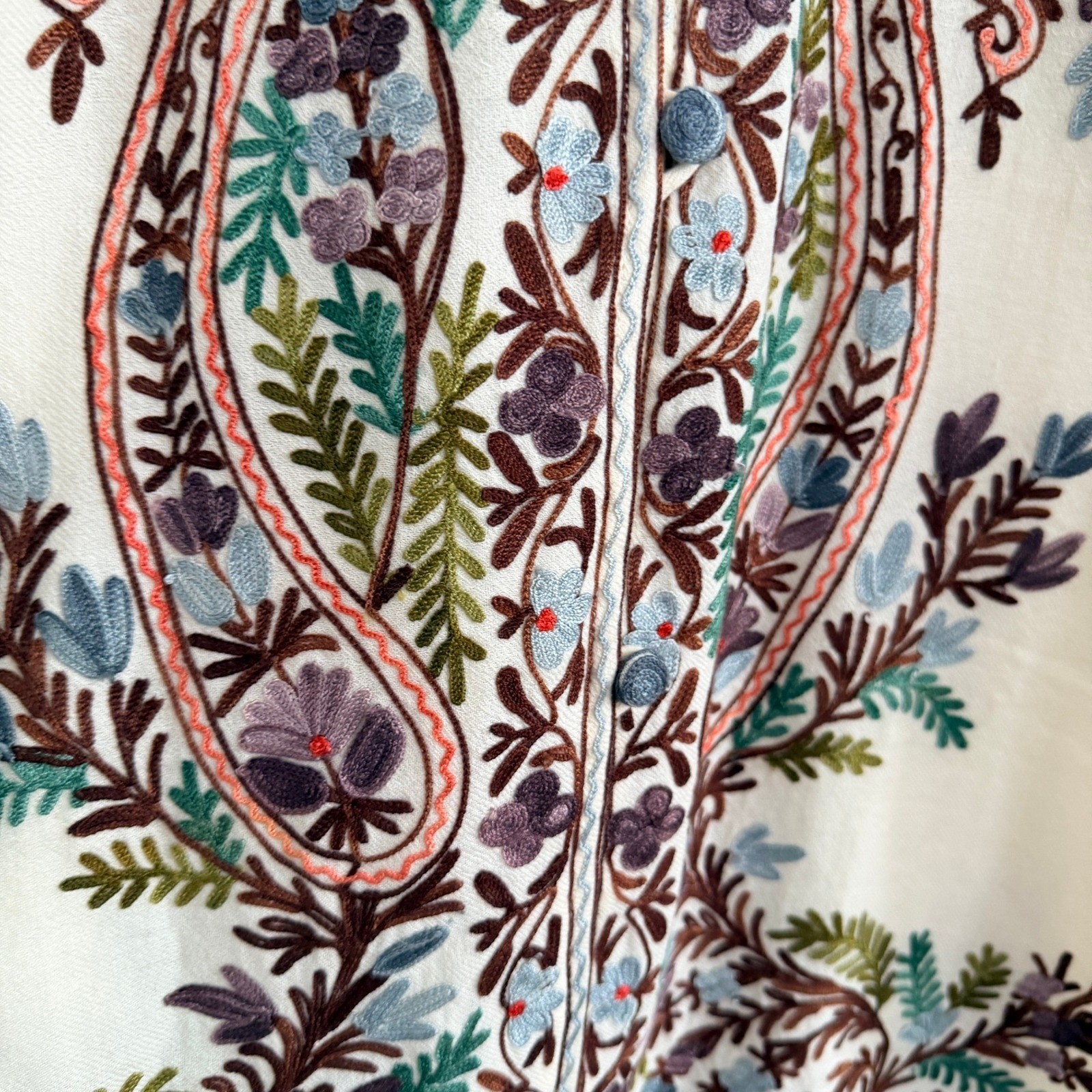 Woolen Coat Long Jacket Off-White, Multicolor Embroidery Size 46 (14, XL) Boho