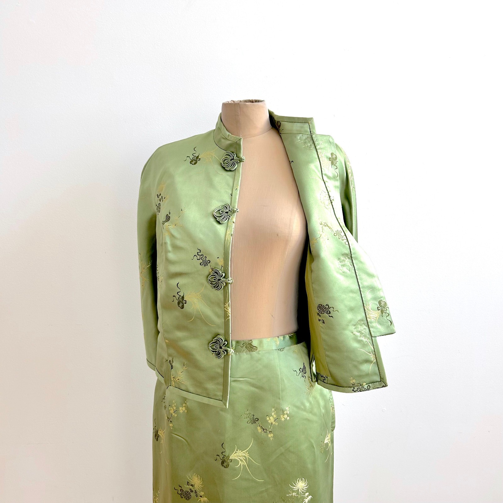 Vintage 1950s Asian Satin Brocade Skirt Suit Celery Green Maisel Era sz S 4 6
