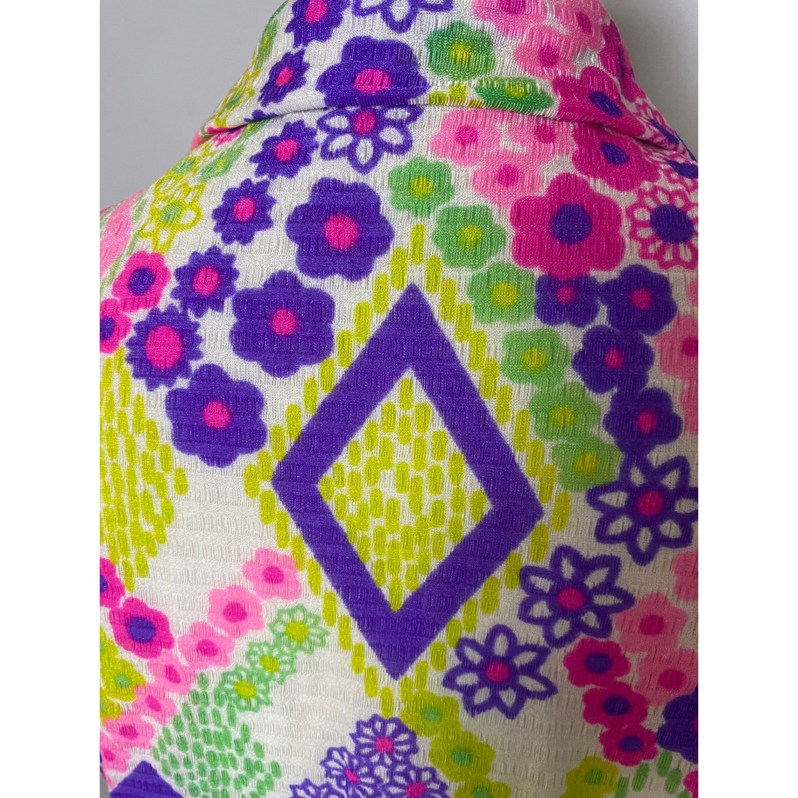 Vintage 60s Psychedelic Floral Geometric Button Up Blouse Pink Purple Green Neon