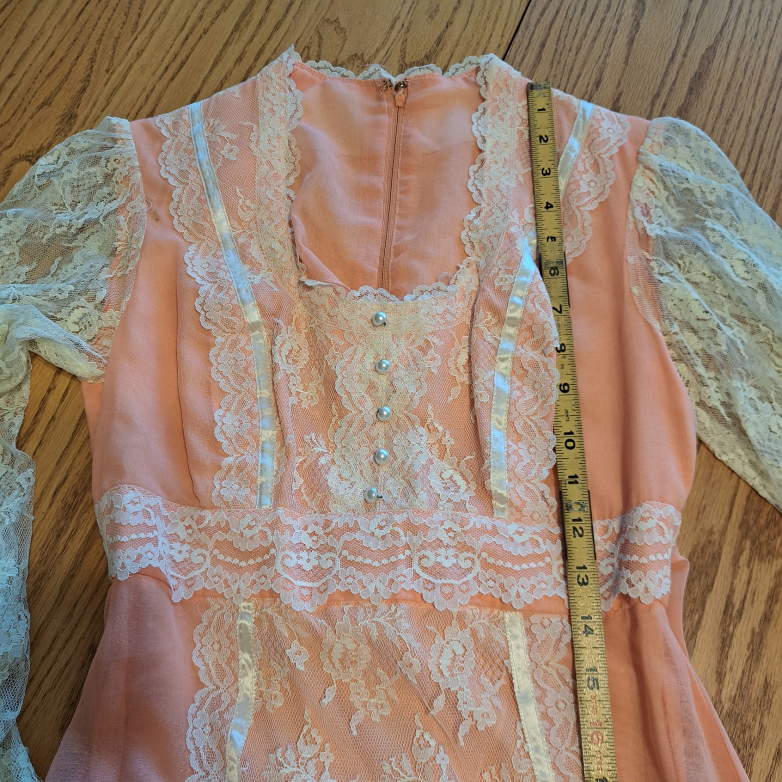 Vtg 70s Peach Chiffon Lace Prairie Granny Victorian Prom Maxi Gown Sz 7/8 Flaws