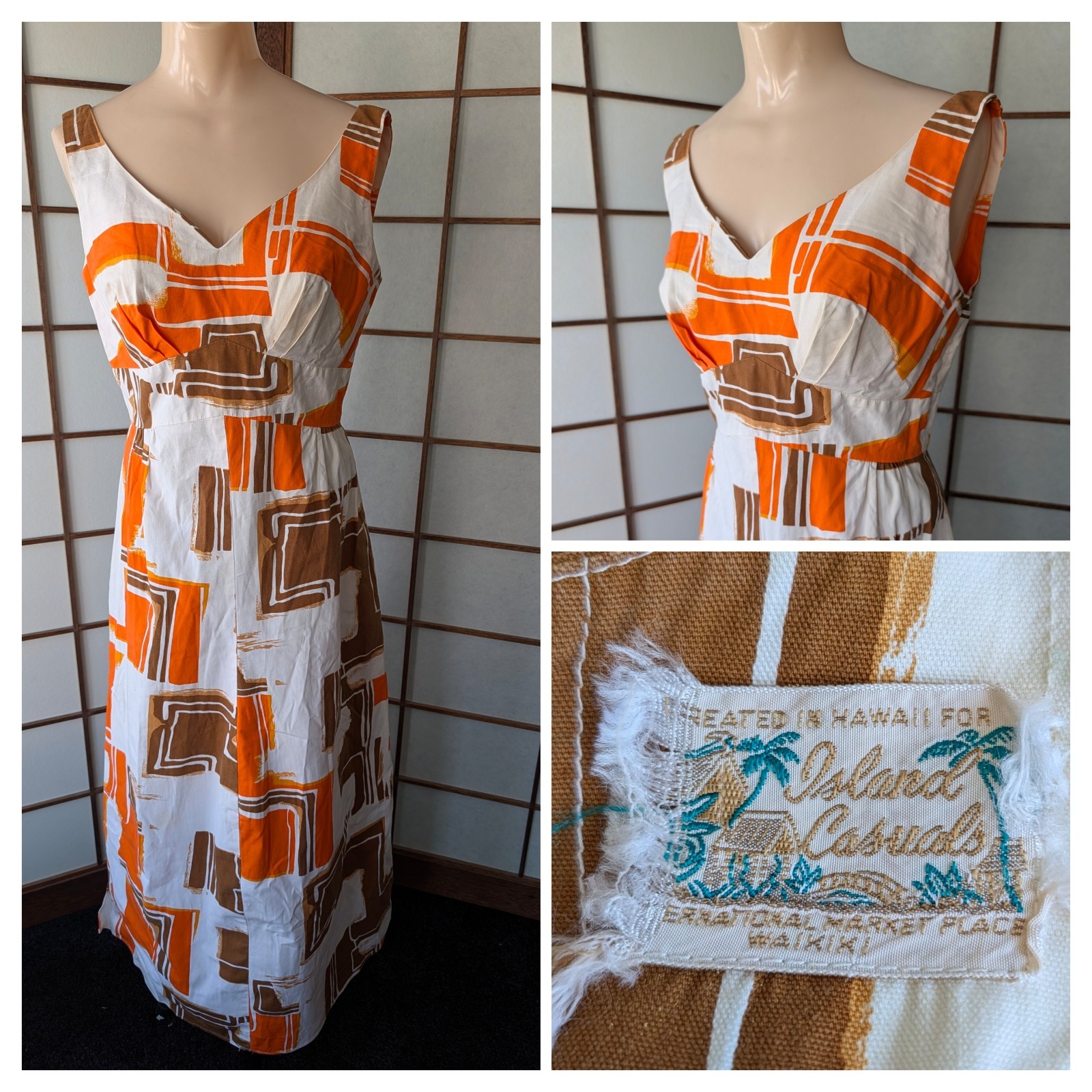 Vtg 1970s Island Casuals Hawaiian Maxi Dress Muu Muu Abstract Graphic Print S/M