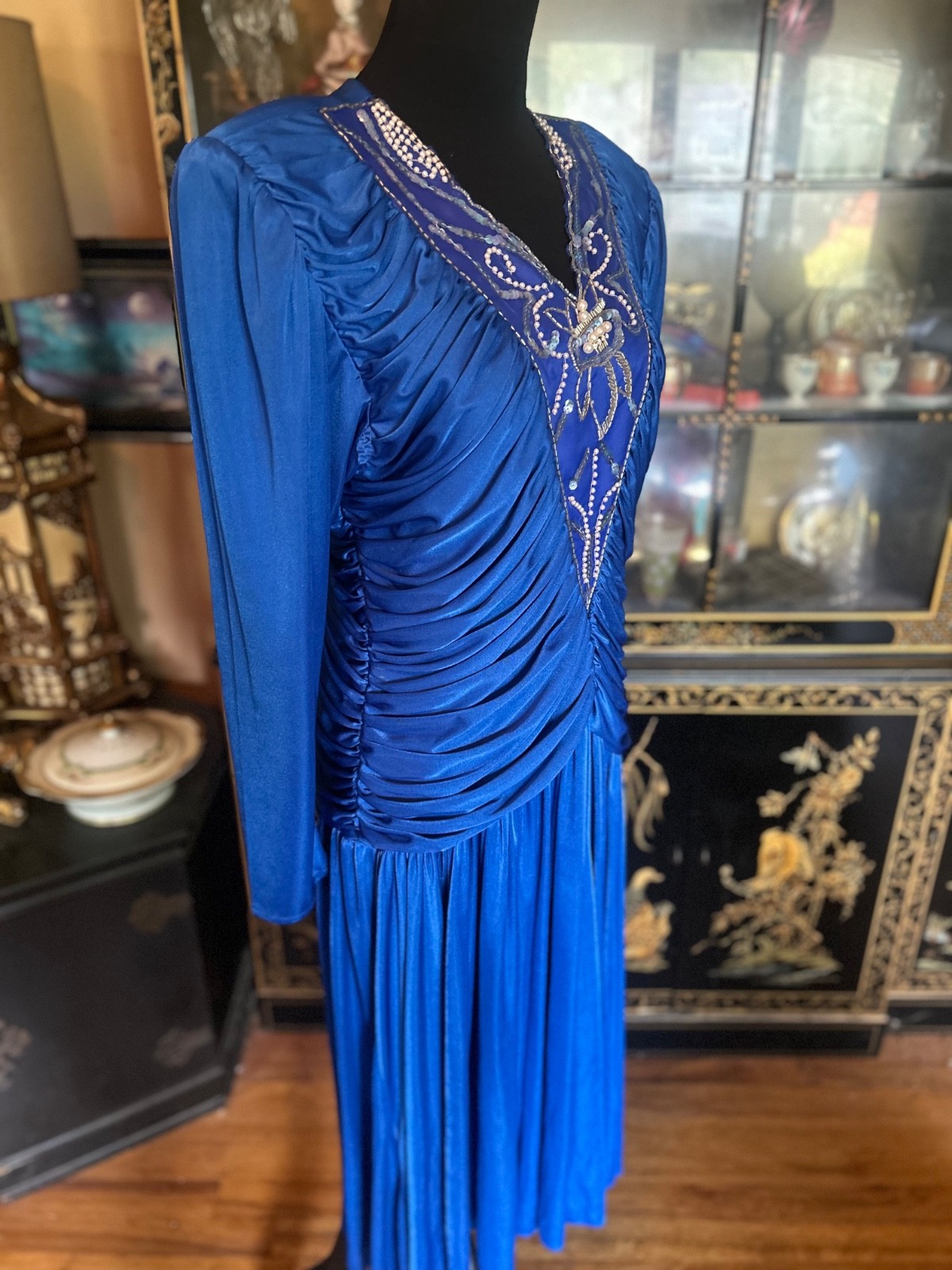 Vintage Dynasty 80s Beaded Sequin Royal Blue Evening Cocktail Dress Size 17/18