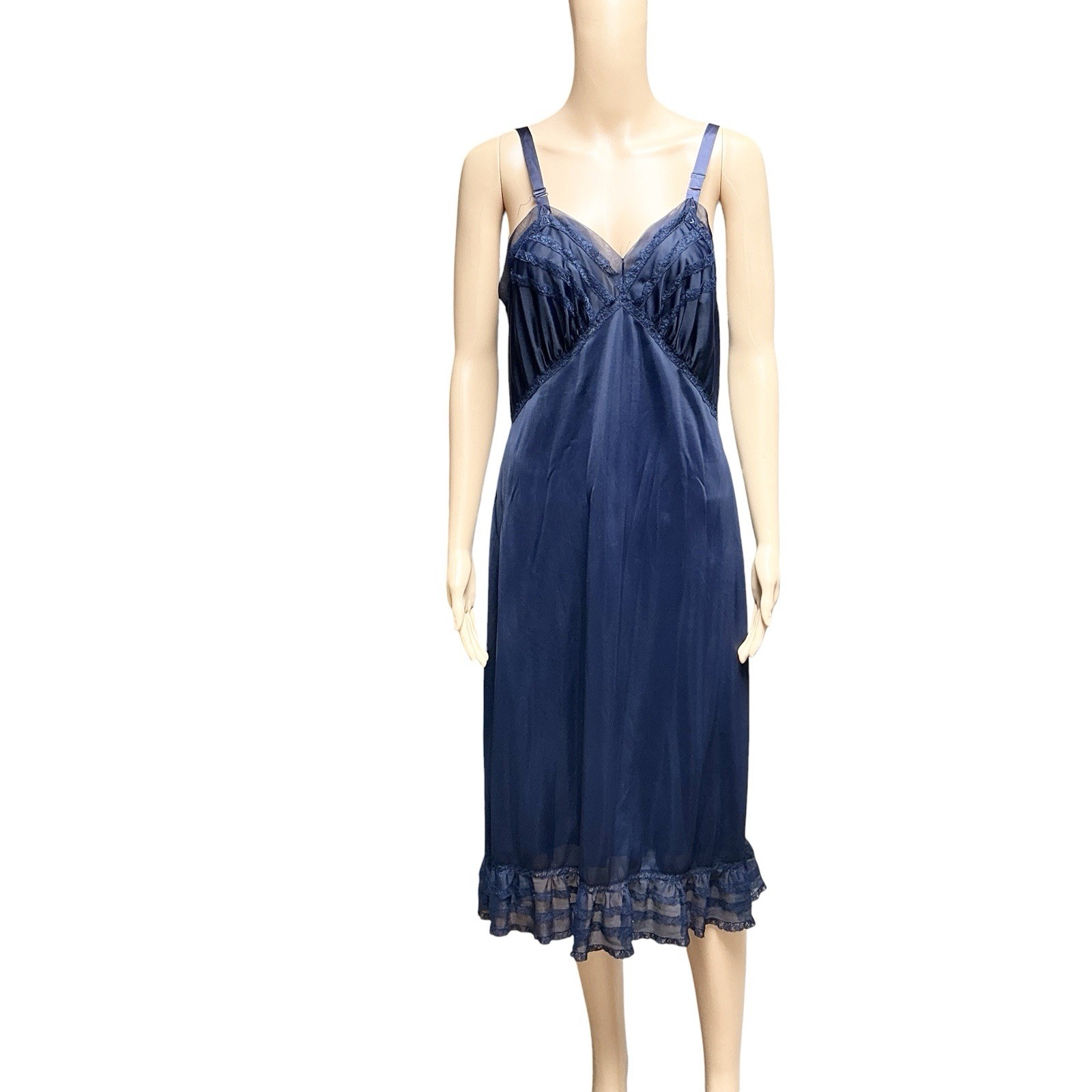 Vintage Charmode Nylon Full Slip Lined Navy Blue Lace Ruffle Trad Wife Boho 38