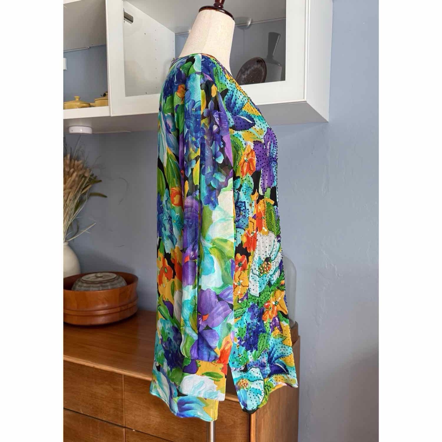 VTG Diane Freis Blouse Shirt Size Silk Bead Sequin Retro Glam Festive Luxury M/L