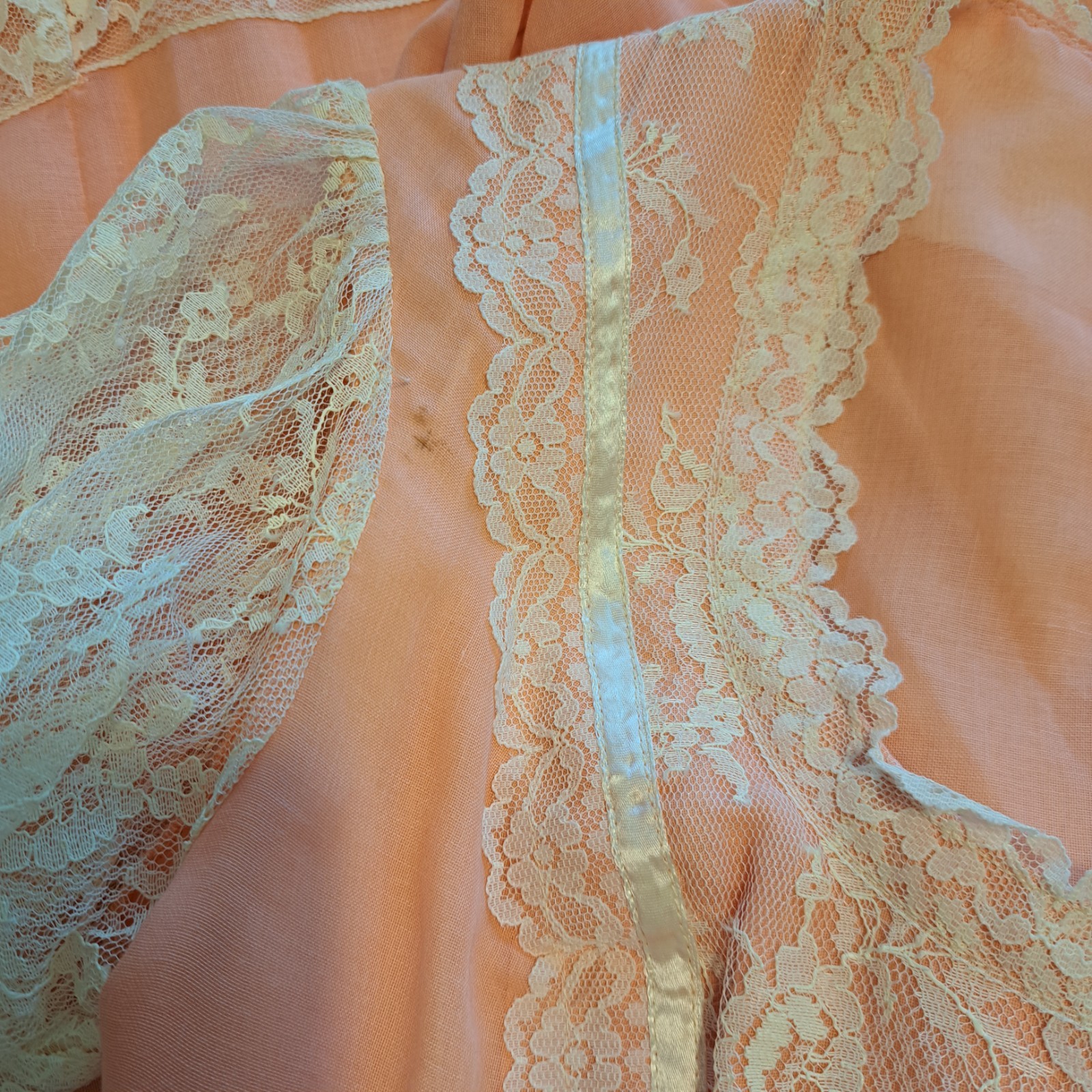 Vtg 70s Peach Chiffon Lace Prairie Granny Victorian Prom Maxi Gown Sz 7/8 Flaws