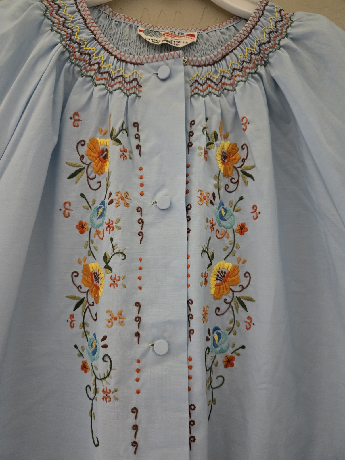 Vintage Peacock House Dress Blue Hand Embroidered Floral Smocked Pockets Size 38
