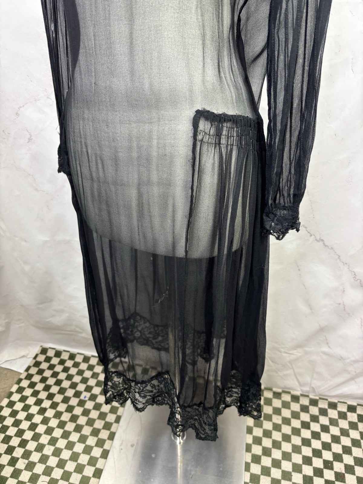 Antique 1920s Black Sheer Silk Chiffon Drop Waist Dress Art Deco Glam Vintage M