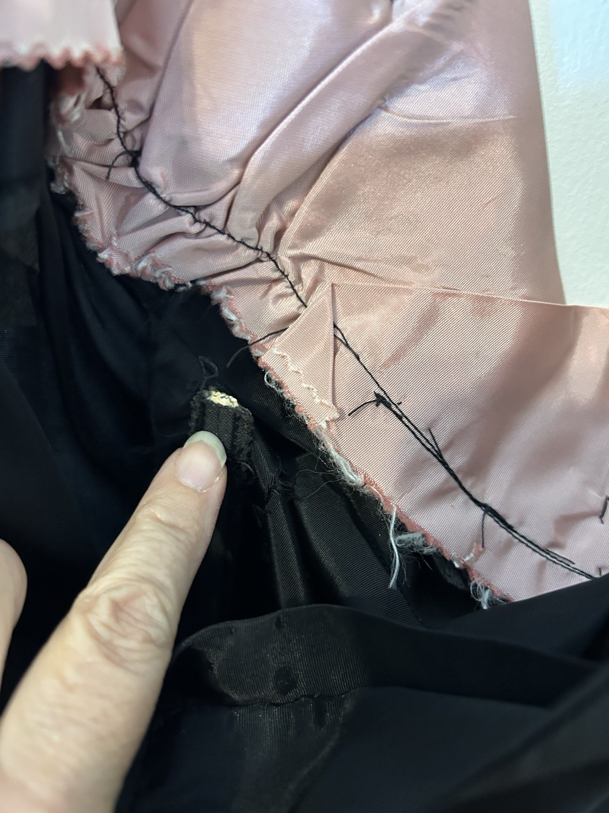 VTG 1950s SZ S Handmade black Satin acetate halter dress Pink Trim NEEDS REPAIRS