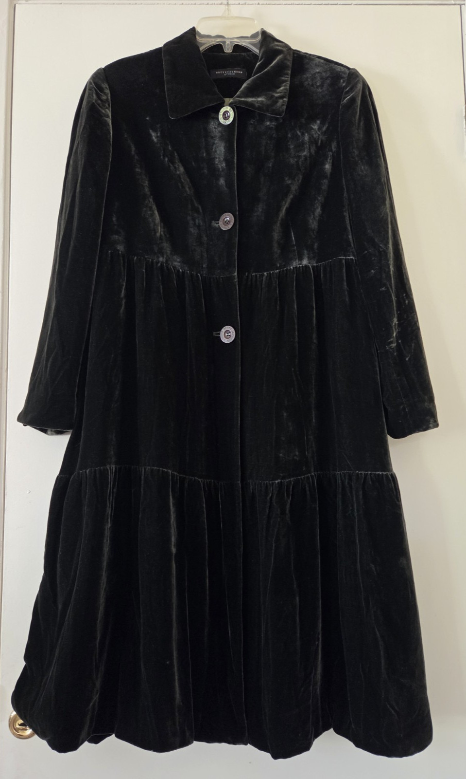 Vintage 90s Betty Jackson Studio Opera Duster Coat Forest Green Velvet Tiered