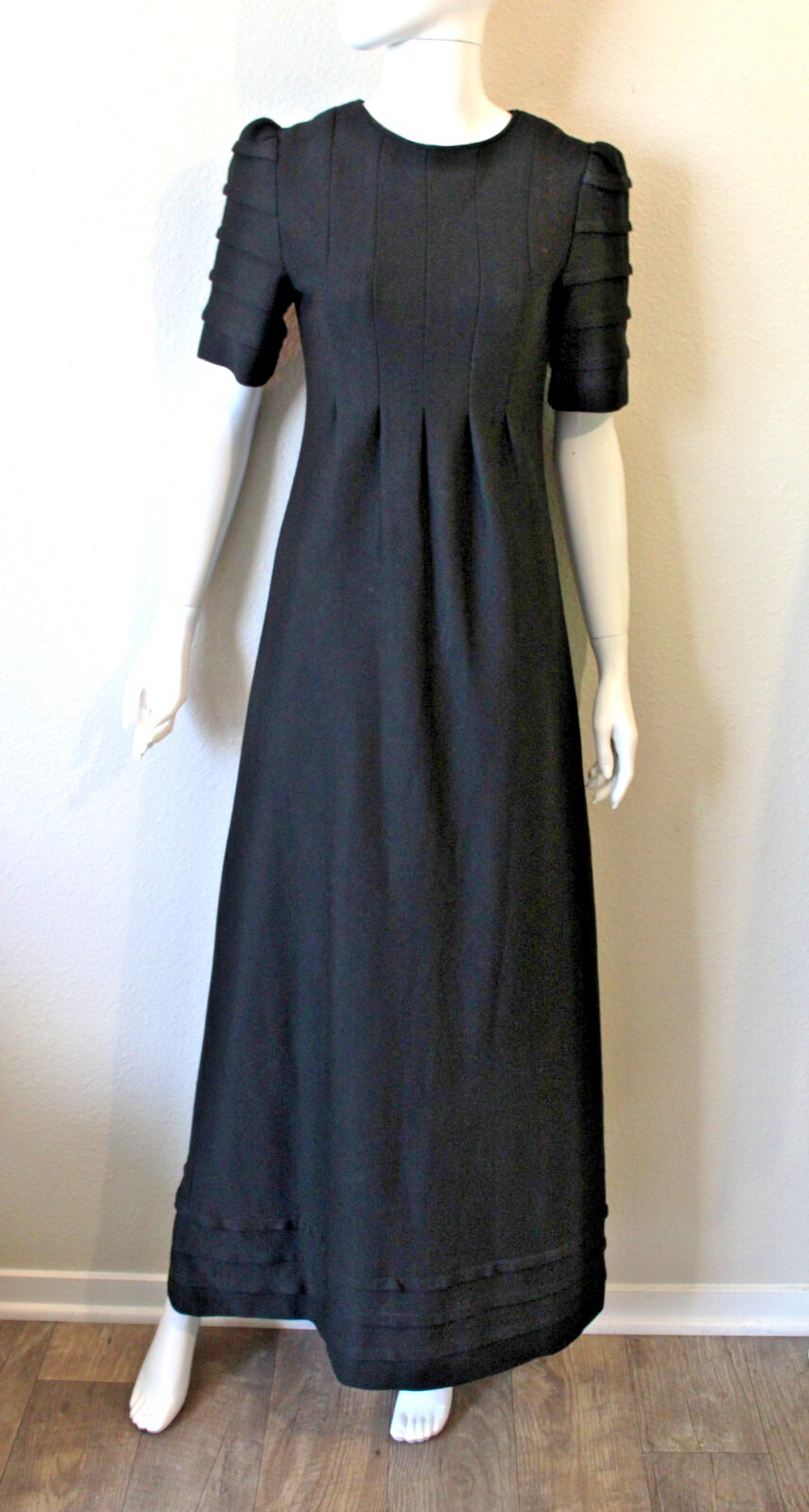 Vintage 1960s 70s Joseph Magnin layered tiered knit Maxi Dress puff sleeve