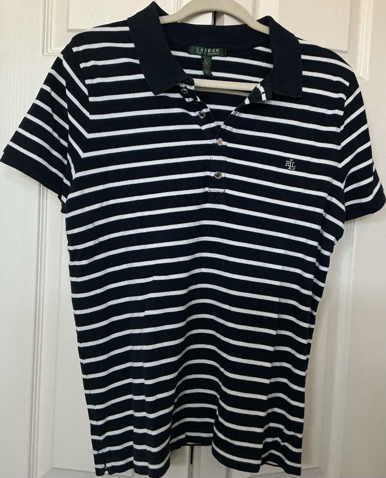 VTG,Ralph Lauren,Ladies,SZXL,Polo Collared Top,Navy Stripping,SS,Logo,Cotton