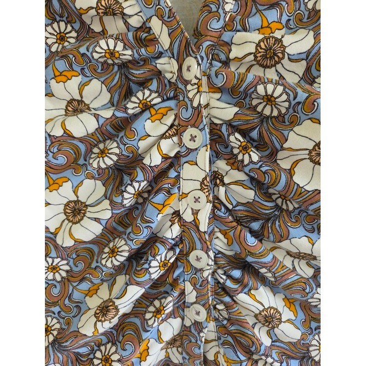 Maeve Anthropologie Retro 70s Floral Ruched Button Down Top Blouse Brown Blue S