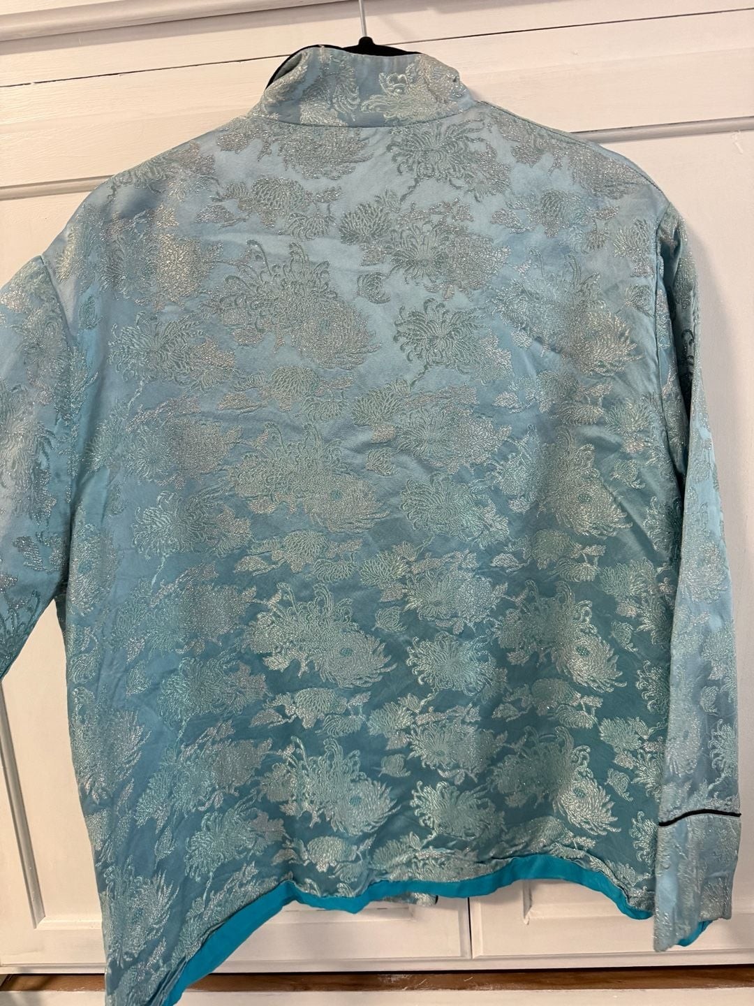 Vintage Fashions From Orient Aqua Blue Brocade Mandarin Jacket with Frog Closure