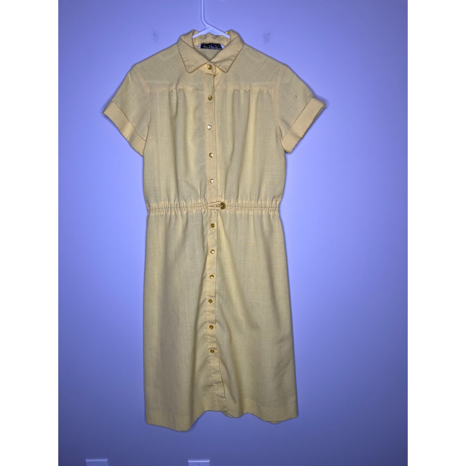 1980s Germaine Bright Yellow Coquette Cottage Feminine Hostess Button Up Dress L