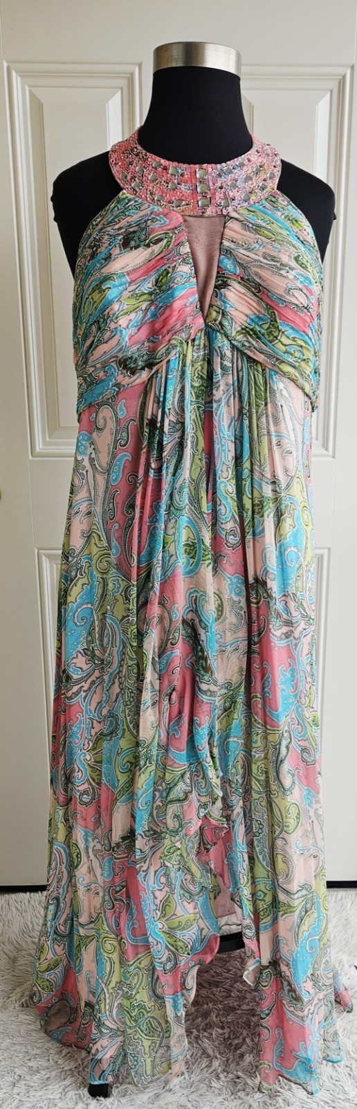 Y2K Cachet Colorful Paisley Silk Dress Beaded Halter Boho Fairycore Plus Size 18