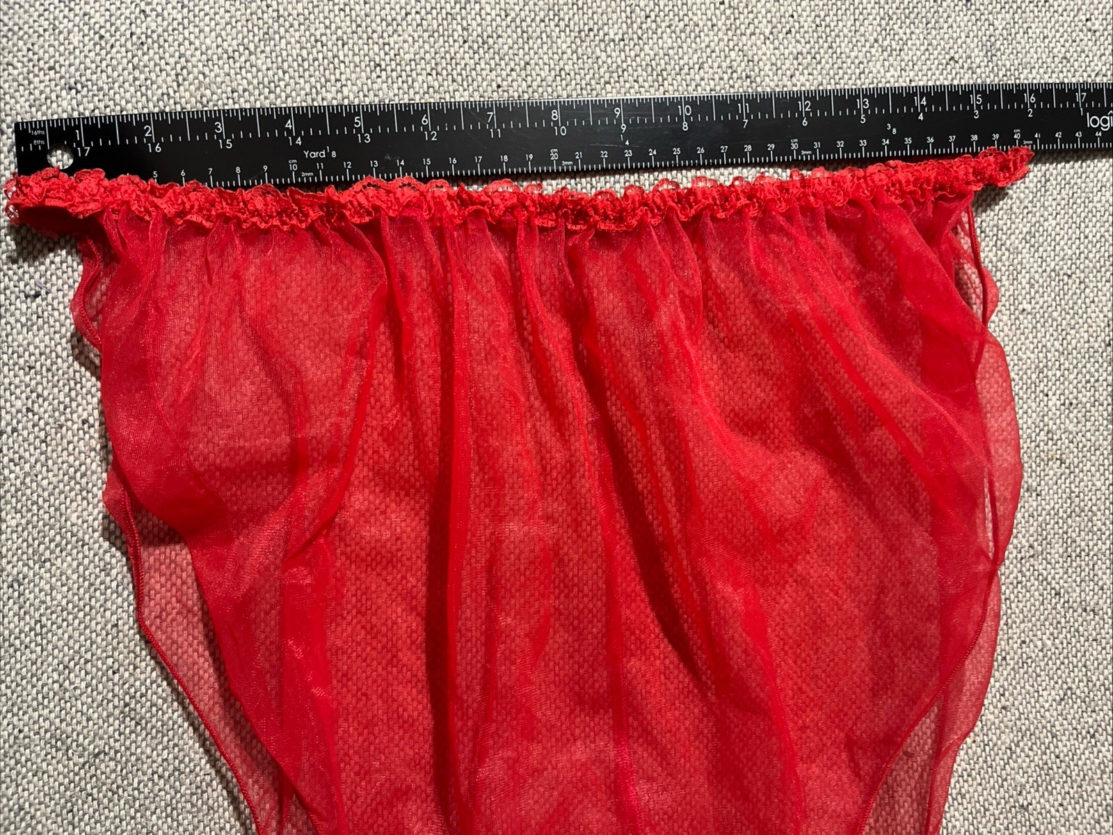 Vintage 1970s Red Sheer Nylon String Lace Trim High Cut Legs Sissy Panties 2XL