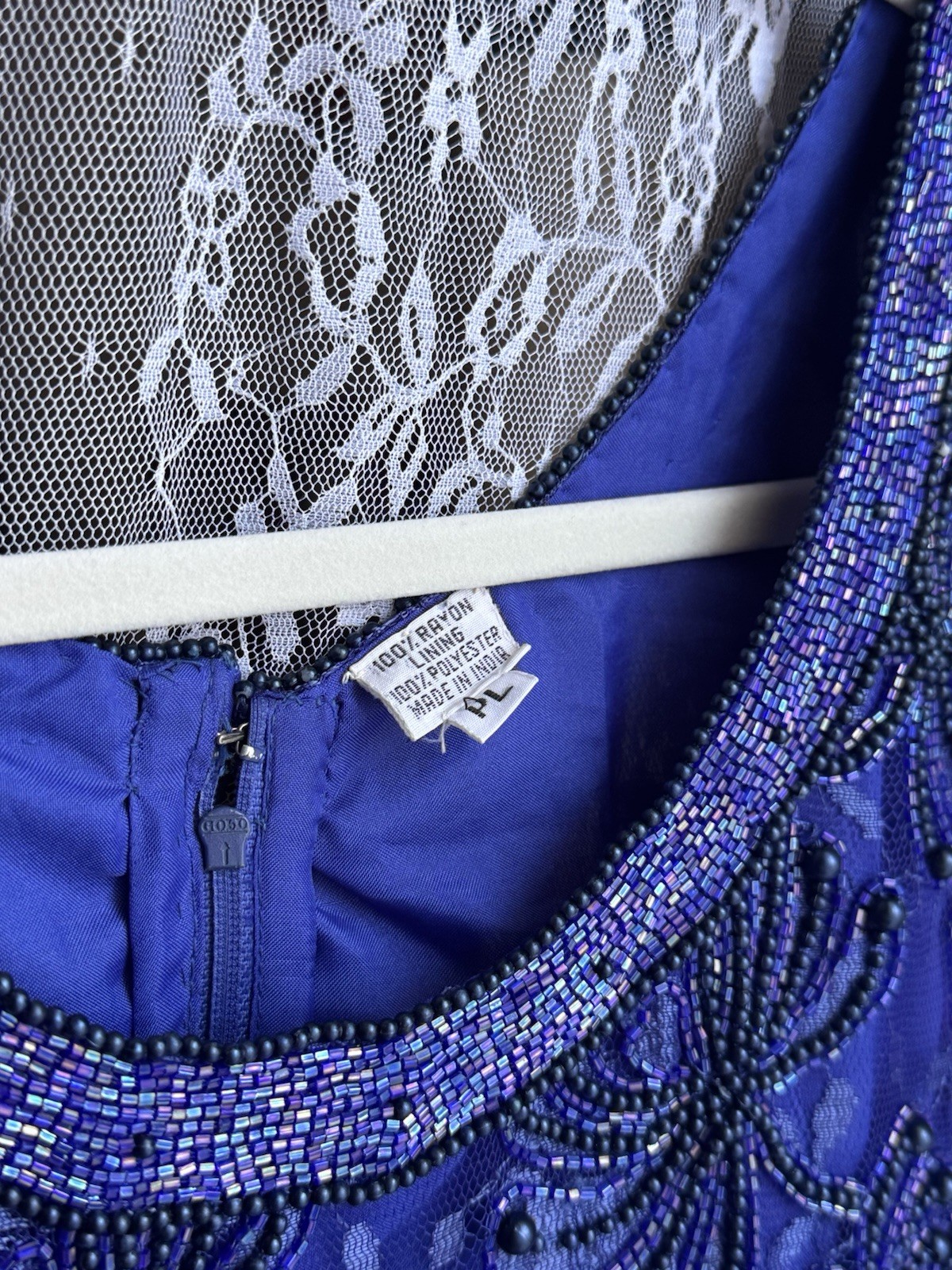 Vintage Fully Beaded Royal Blue Lace Party Dress (Size M-L) Special Occasion