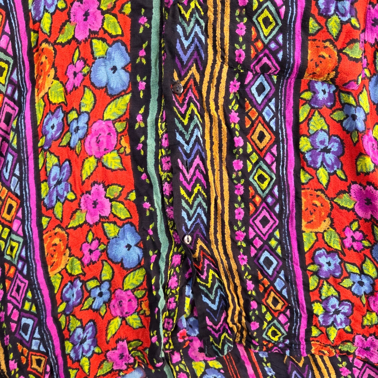Vintage Rayon Button Down Shirt Womens Medium Multicolor Floral Geometric Nepal