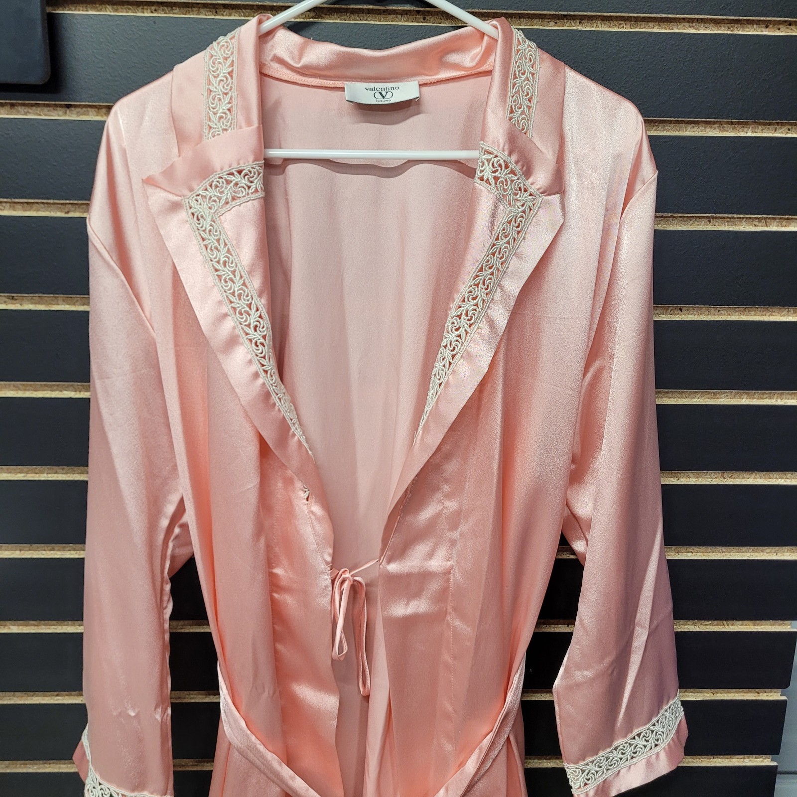 Vintage Valentino Intimo Satin Robe – Pink Lace Trim – 1970s/80s USA Made SZ MED
