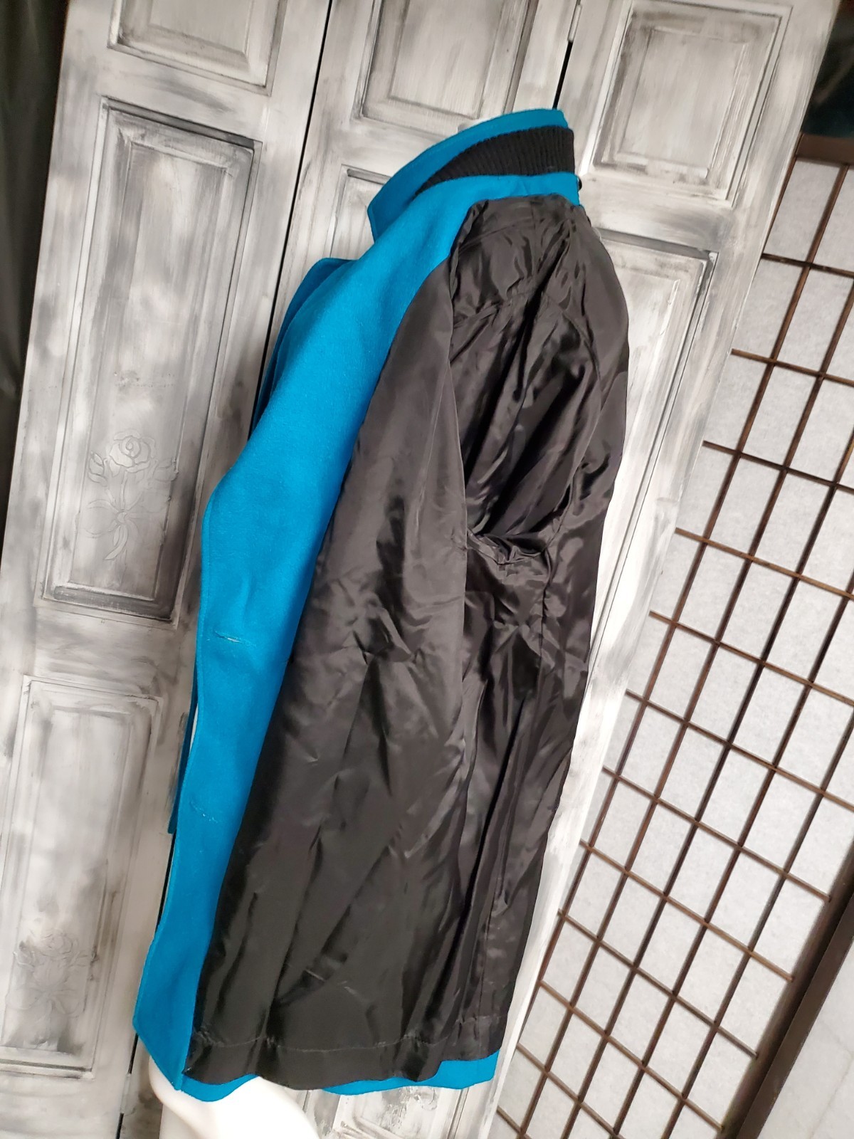 turquoise 100% Wool Casa De Lana Sweater Coat Jacket 80s Vtg M shoulder pads euc