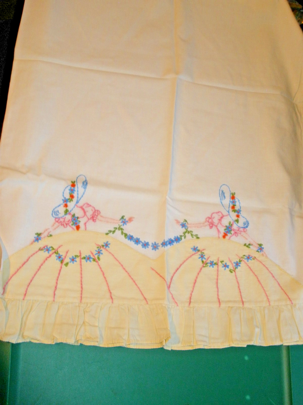 Vintage Pillowcase with Embroidered Ladies Hoop Dress Standard Size