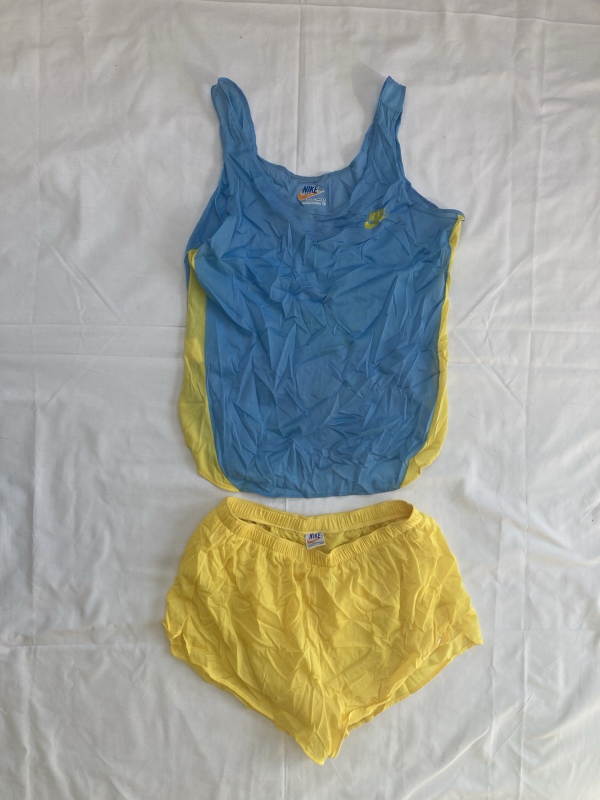 Vtg 1970s 80s Nike Sports Wear Tank Top Shorts Set Blue Yellow Women’s L USA