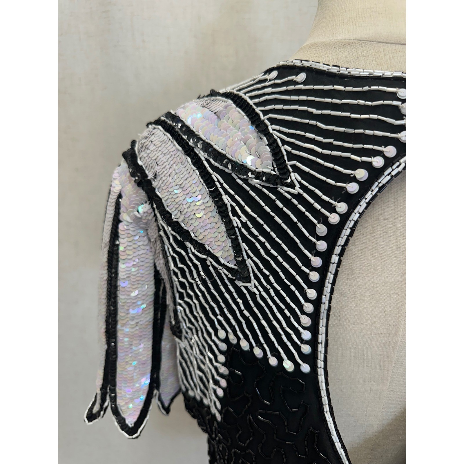 Stenay 100% Silk Beaded Sequin Black White Top Womens 14 Vintage Evening Blouse