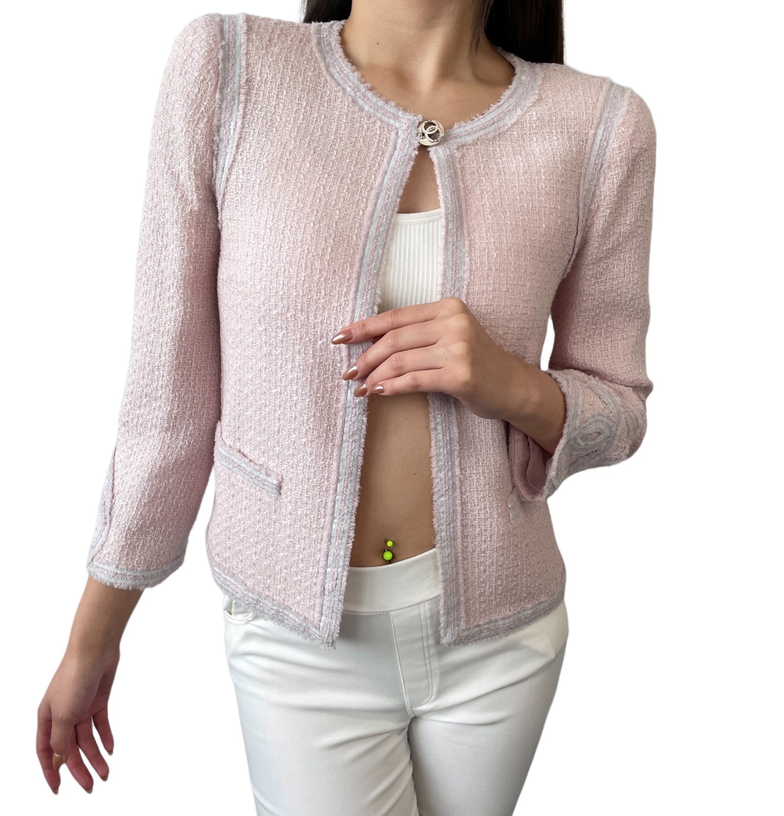 CHANEL Vintage 09C CC Heart Logo Button Tweed Jacket #36 Pink Wool 902019