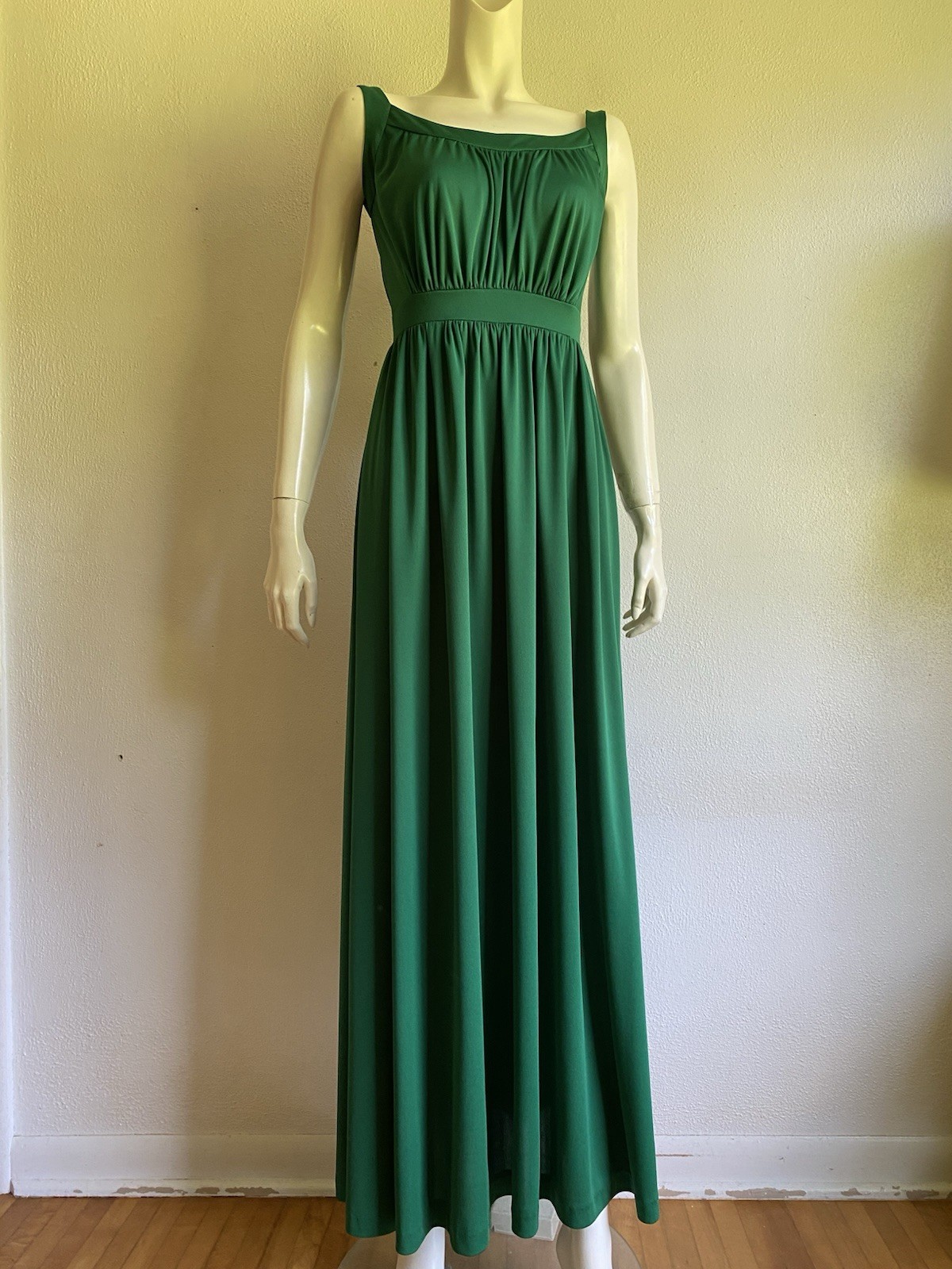 Vintage 70s GREEN Grecian Goddess Dress Maxi Roman Shawl Disco Gown 1970s