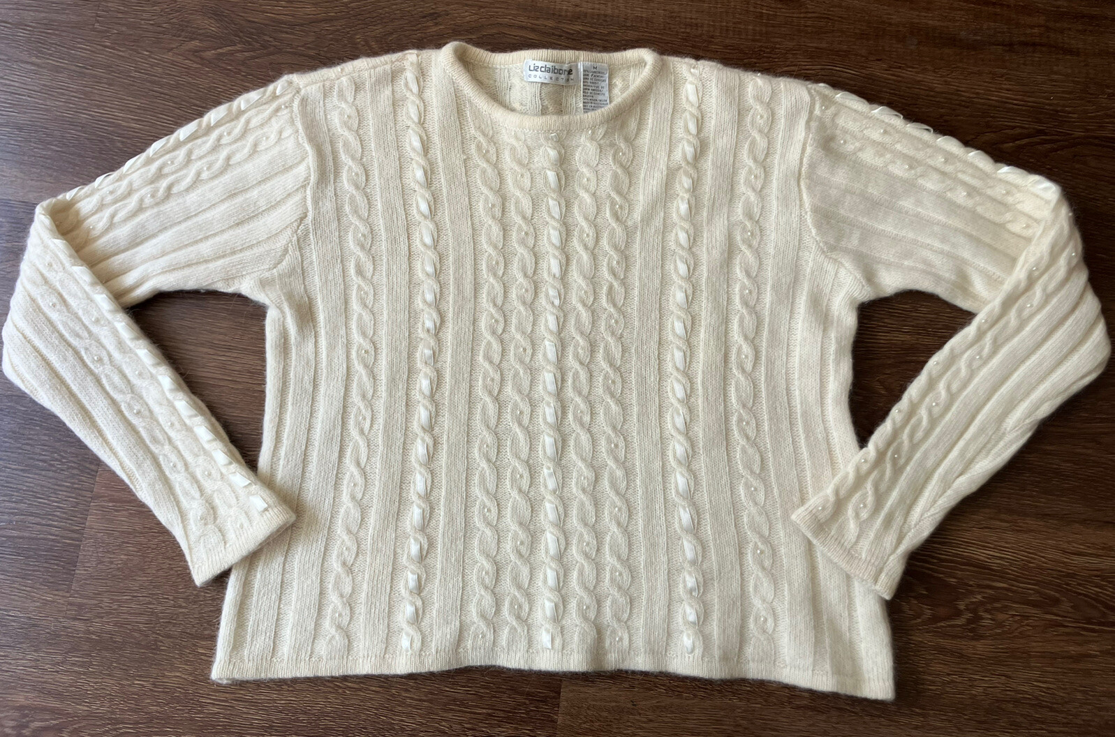 Vintage Liz Claiborne Cropped Angora Blend Cream Sweater Ribbon Pearl Beads M/L