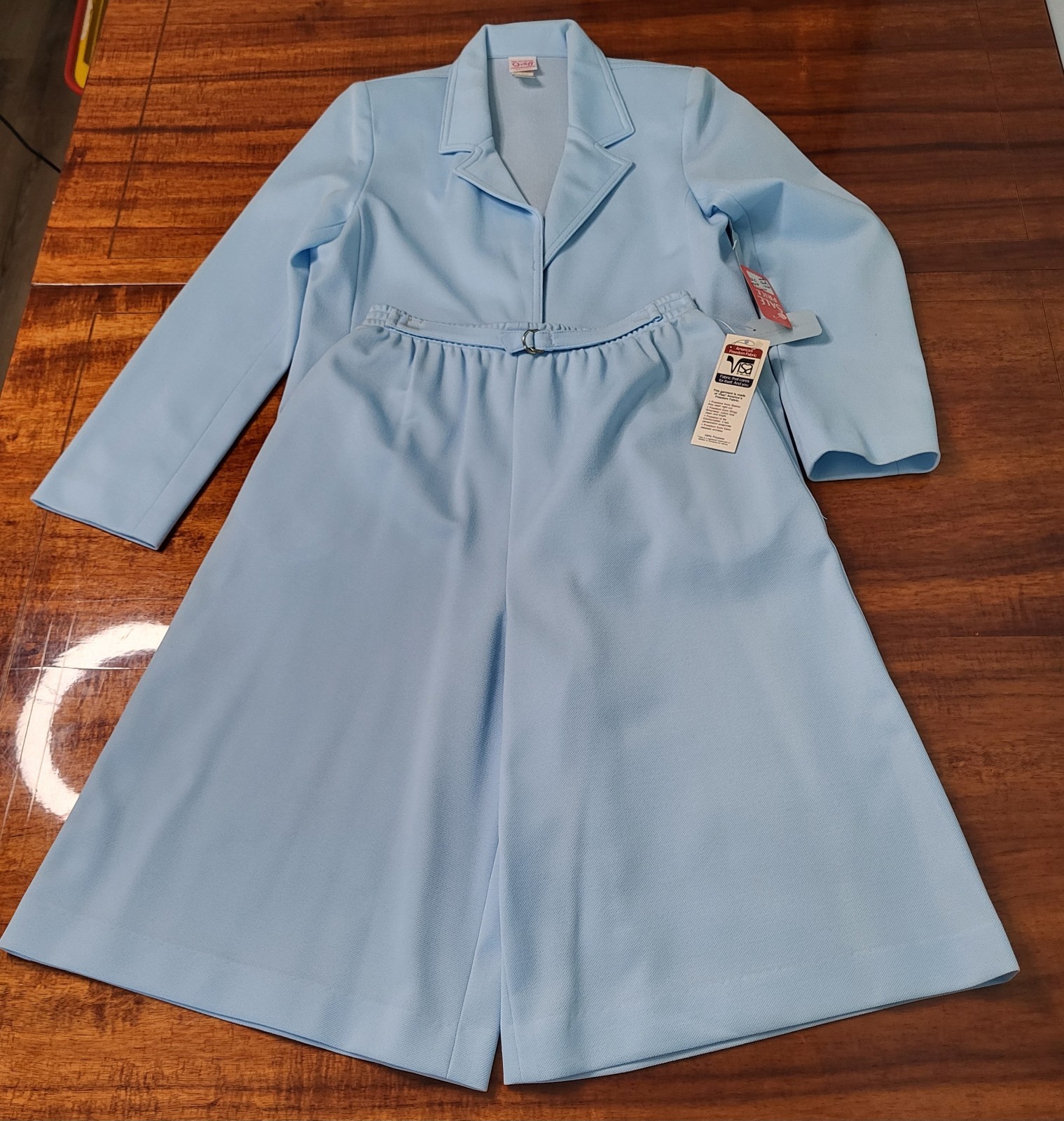 VTG 70s Graff California Blue Polyester 2 Piece Pantsuit Set Size 12 Made In USA