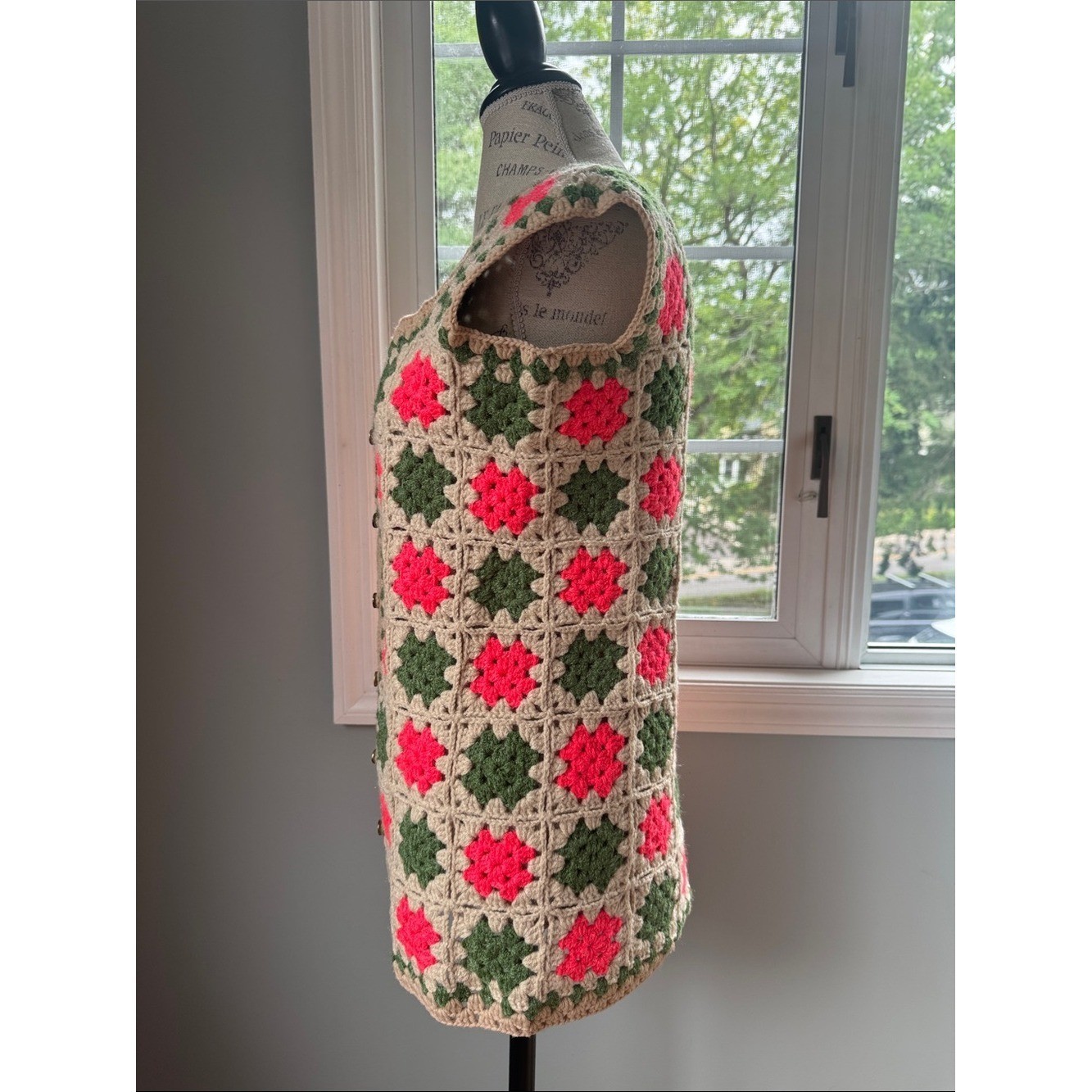 Vintage hand knit boho granny Square, long sweater vest, neon pink and green S/M