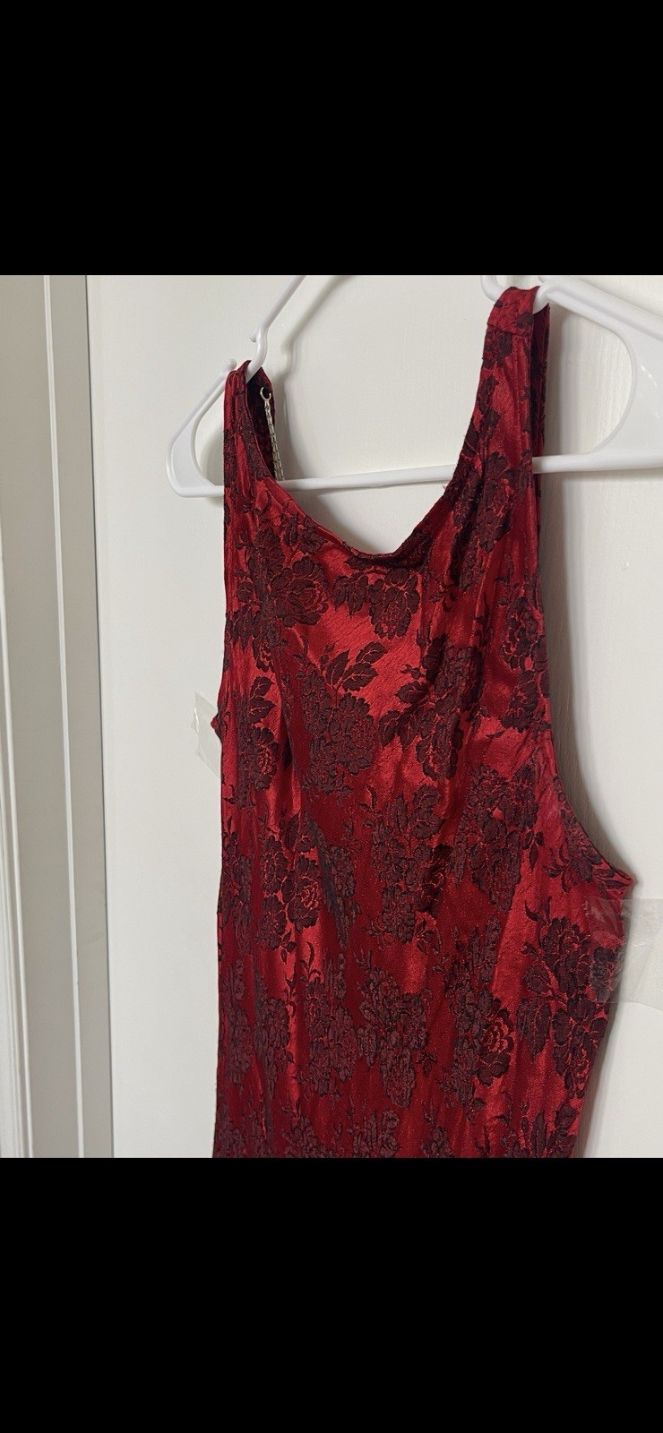 Vintage CDC Ruby Red Floral Jacquard Evening Column Gown Unique Chain Back