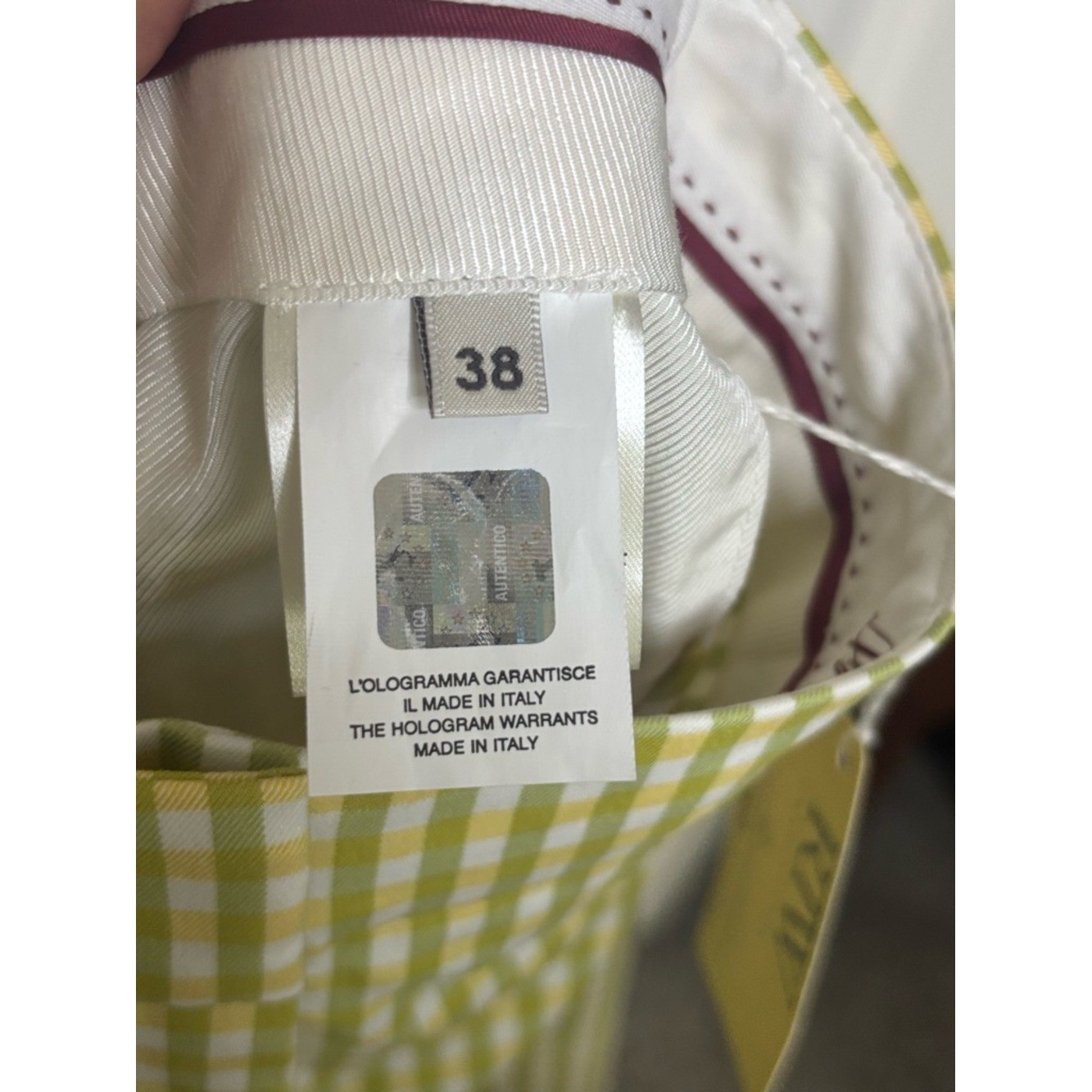 NWT VIA MASINI Gingham Slim Ankle Pants in Green, Yellow and White Italian 38/2