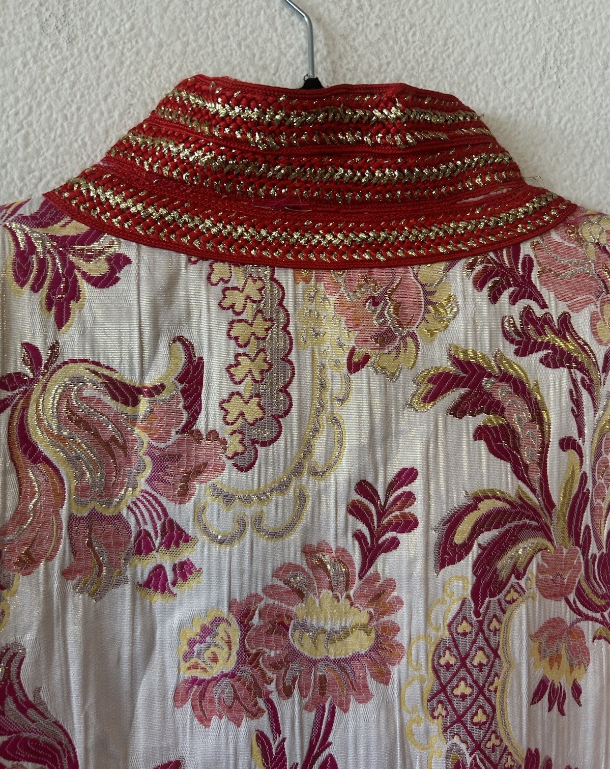 Vintage 1970’s Moroccan Brocade Kaftan Maxi Dress Pink Gold Embroidered L/XL