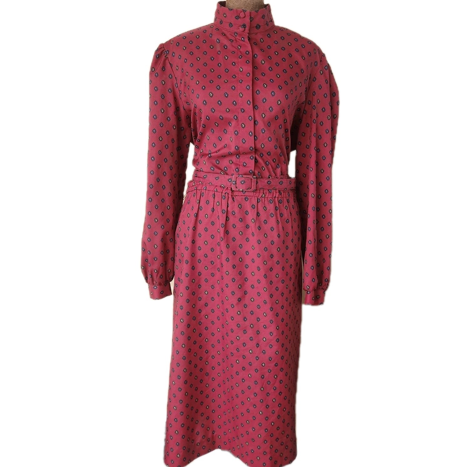 Vintage Sears Fashion Dress 1950s High Neck Burgandy Long Sleeve Secretary