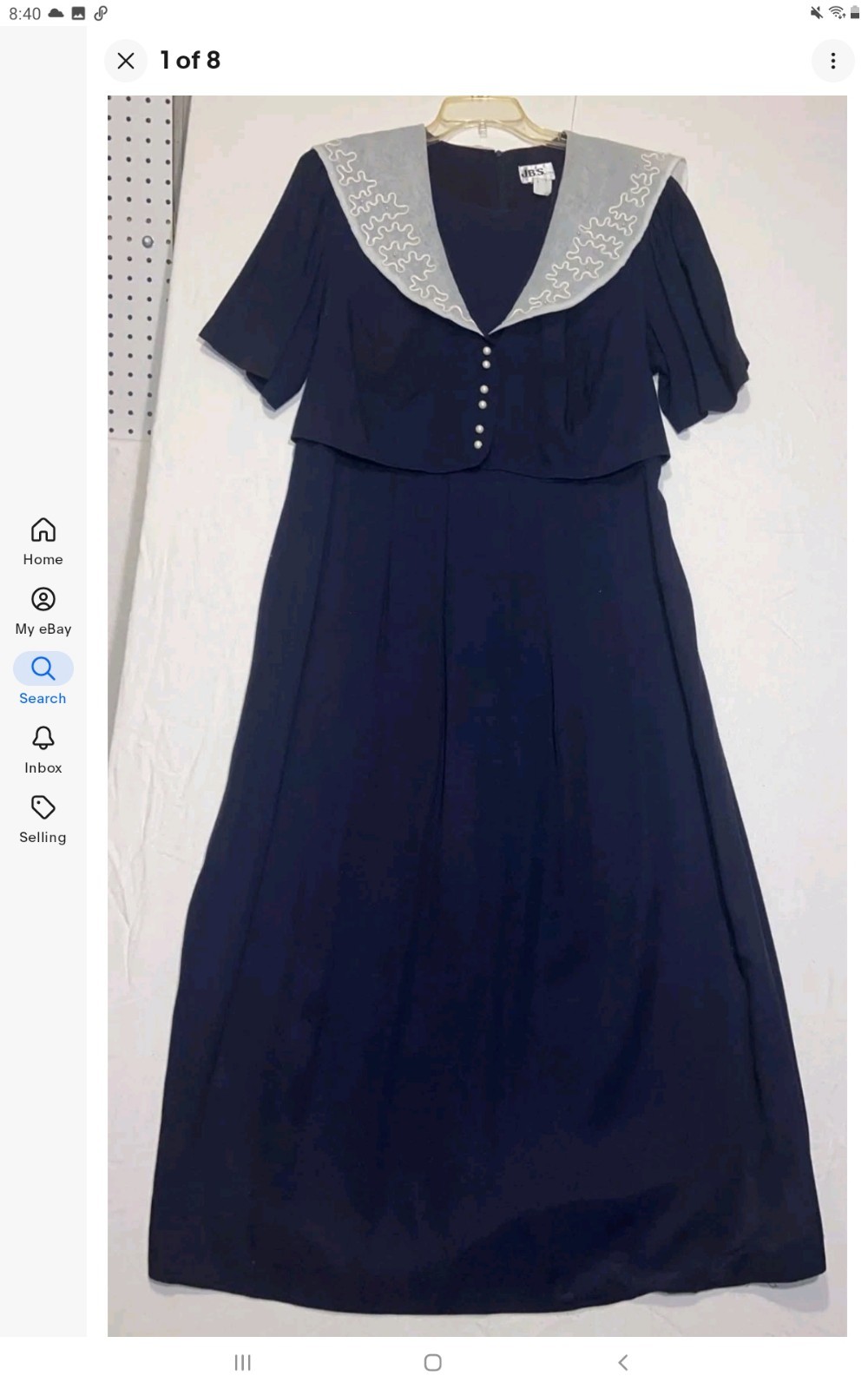 JBS Vintage Blue Dress White Lace Collar Pearl Buttons Back Wasit Tie Sz L