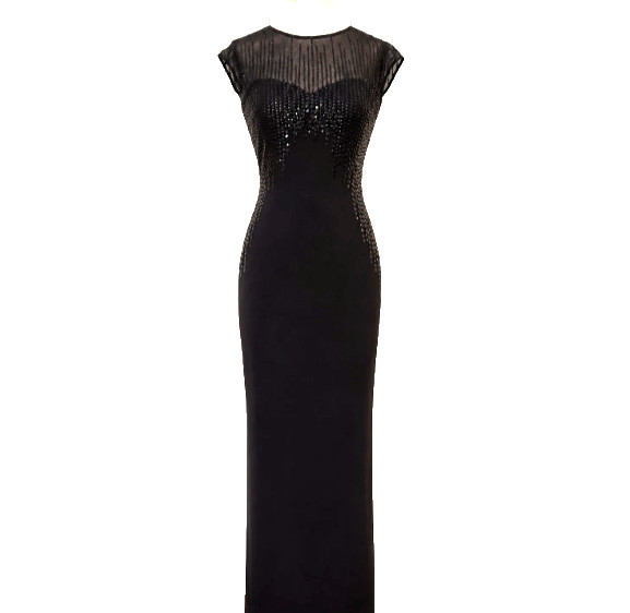 Vintage Black Beaded Sequin Illusion Elegant Evening Gown Women&rsquo;s Dress