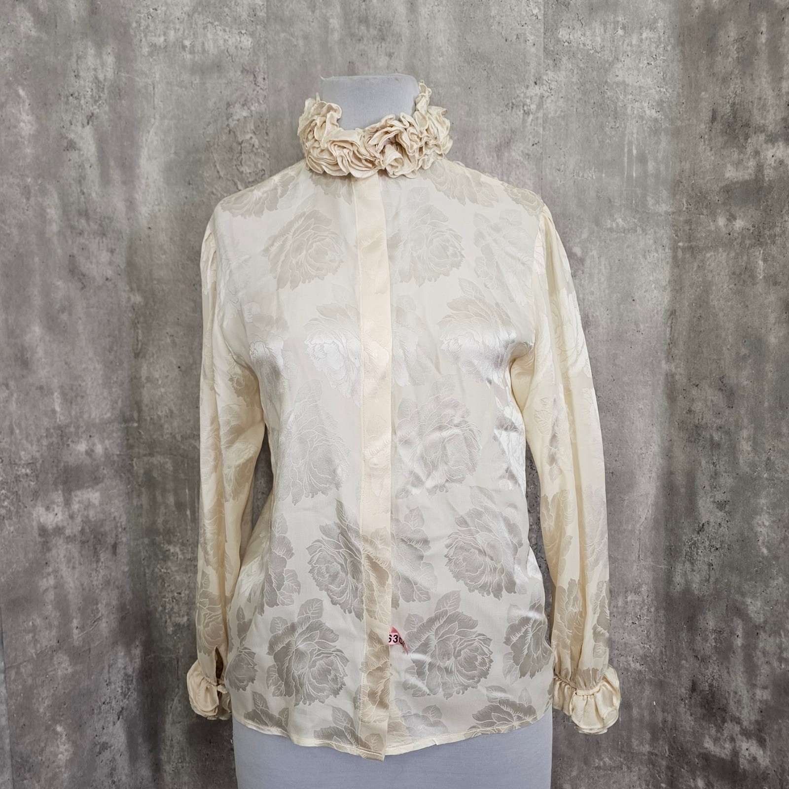 Vintage Ivory Floral Jacquard Ruffle Neck Blouse Romantic Cottagecore Womens M