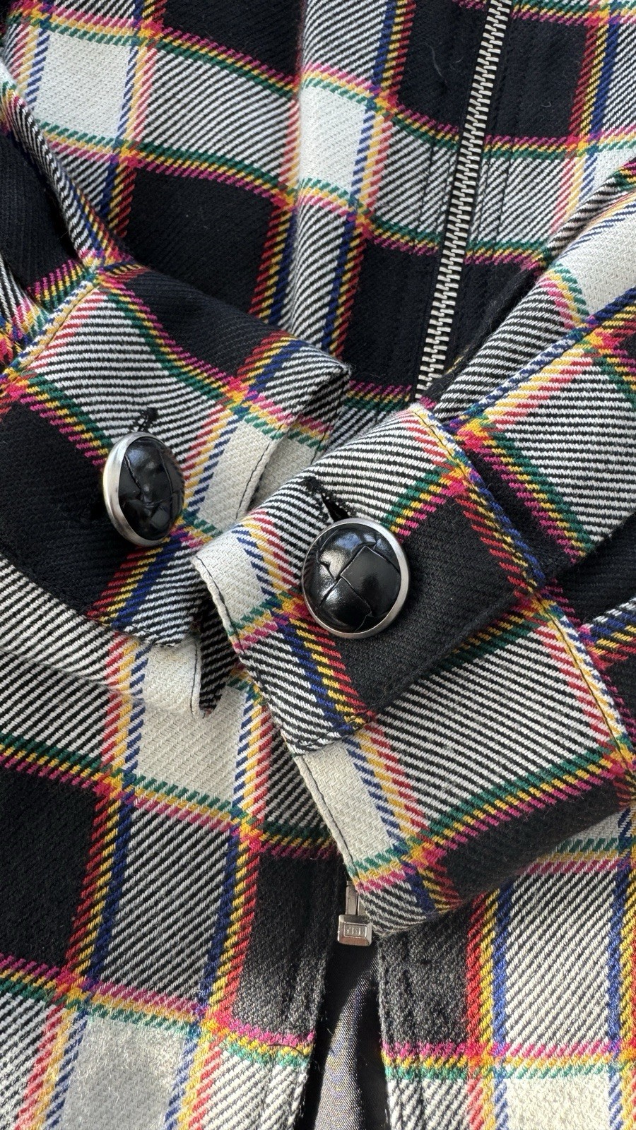 Vintage Emanuel Ungaro Plaid Jacket Y2K Preppy Blazer Size 4/38 Black Multi Zip