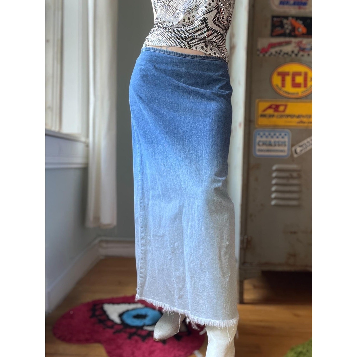 Vintage Y2K Guess Denim Maxi Skirt | Ombré Dip Dye | Low Rise A Line | M