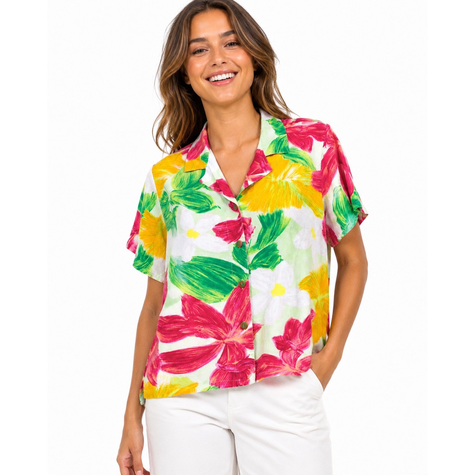 80s 90s Jams World Button Up Crop Blouse | Bright « Orchadia » Floral Pattern