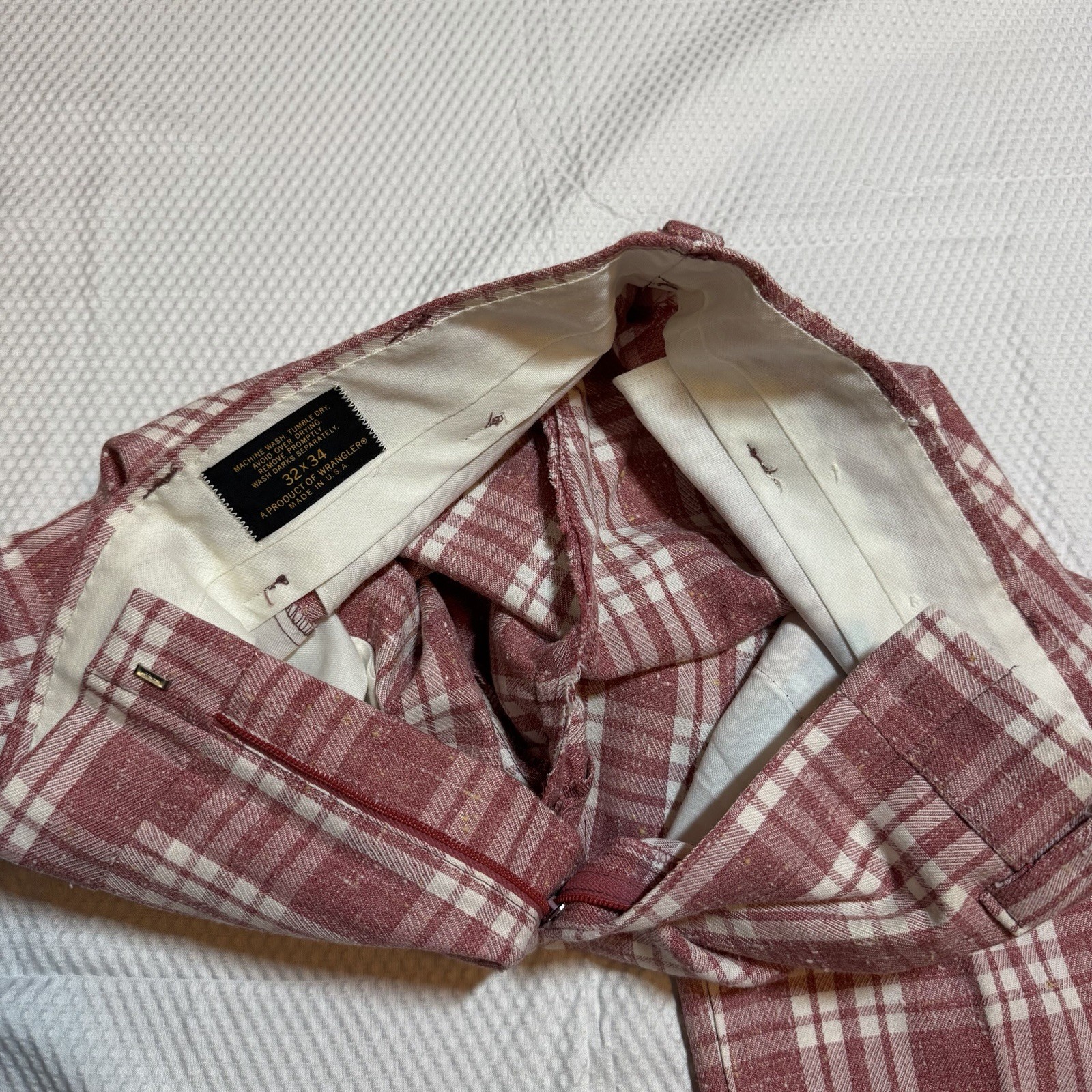 True Vintage 1970s Wrangler Plaid Red Bell Bottoms Disco Pants Twill USA 32×34