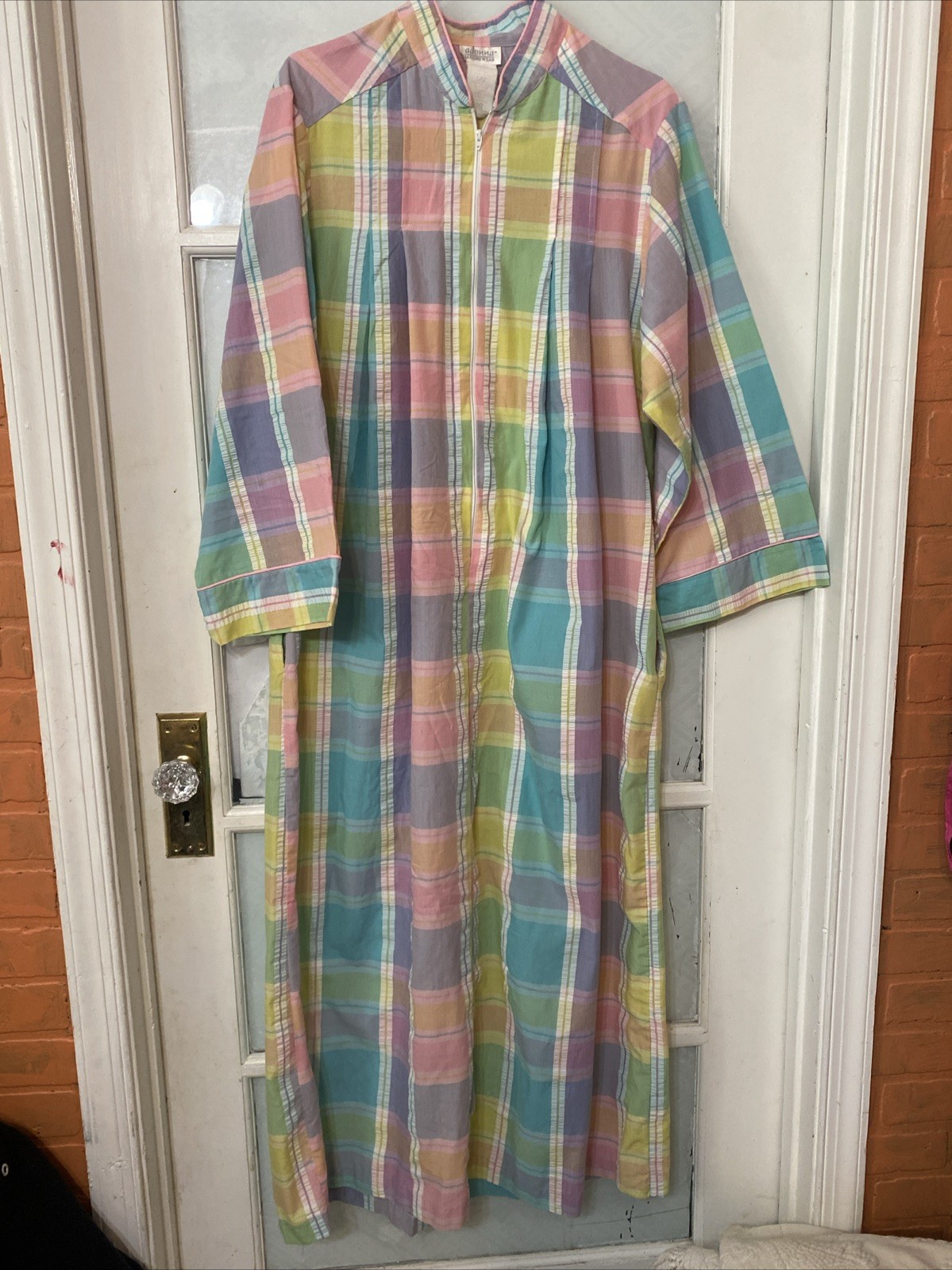 Vintage House Dress Cover Up Pastel Plaid Large Seersucker