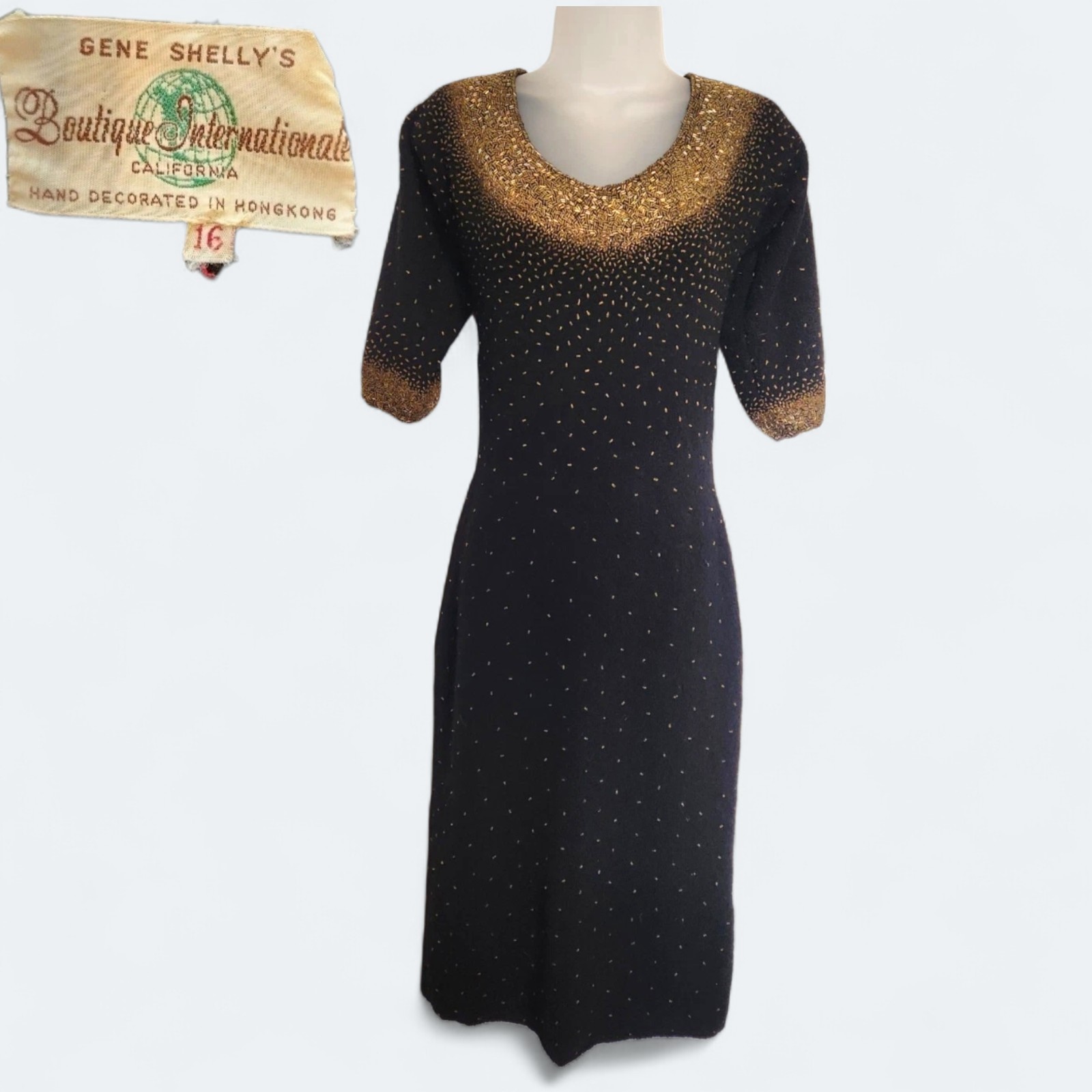 Vintage Gene Shelly&rsquo;s Black Gold Beaded Knit Wiggle Dress Sz 16 1950s 1960s