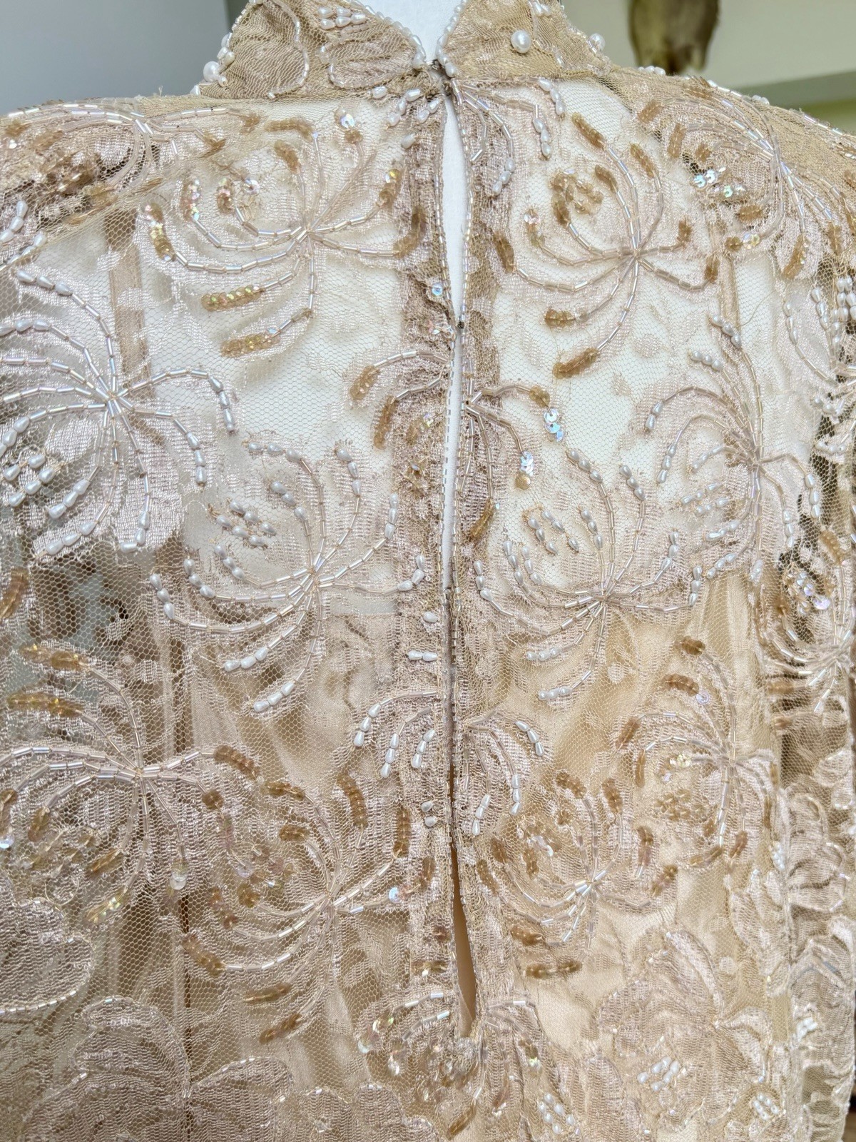 Vtg 80s CHAMPELLYSE Pure Silk Beaded Sequin Lace Tunic Dress M Drop Waist