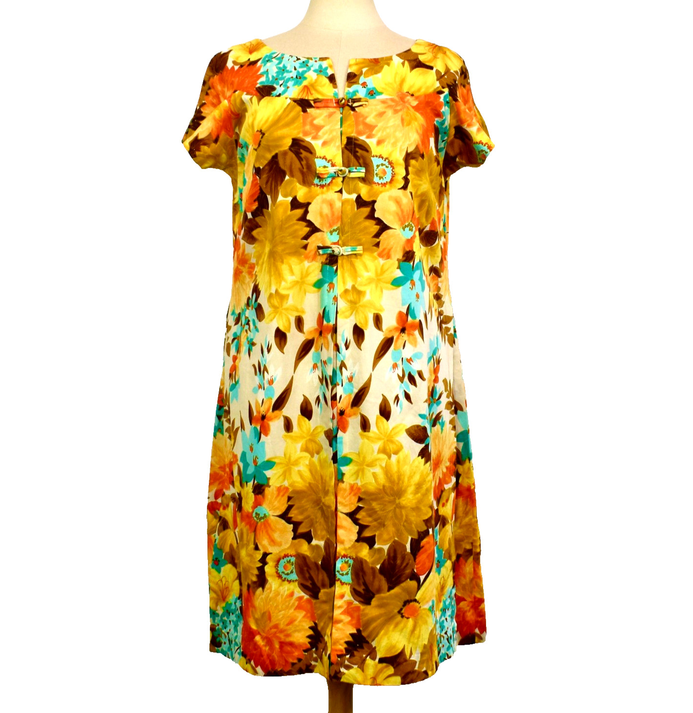 Vtg 60s HAWAIIAN TOGS Day Dress M-L Colorful Orange Teal Floral