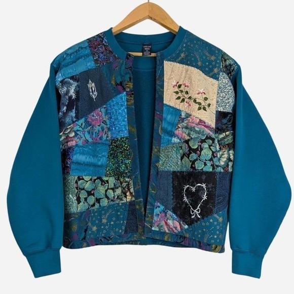 Vintage Lands&rsquo; End Crazy Quilt Patchwork Open Front Sweatshirt Small